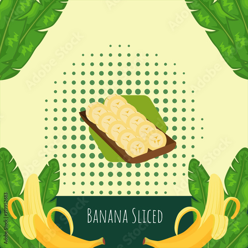 food Banana sliced wiith leaves background. banner of banana vector design.