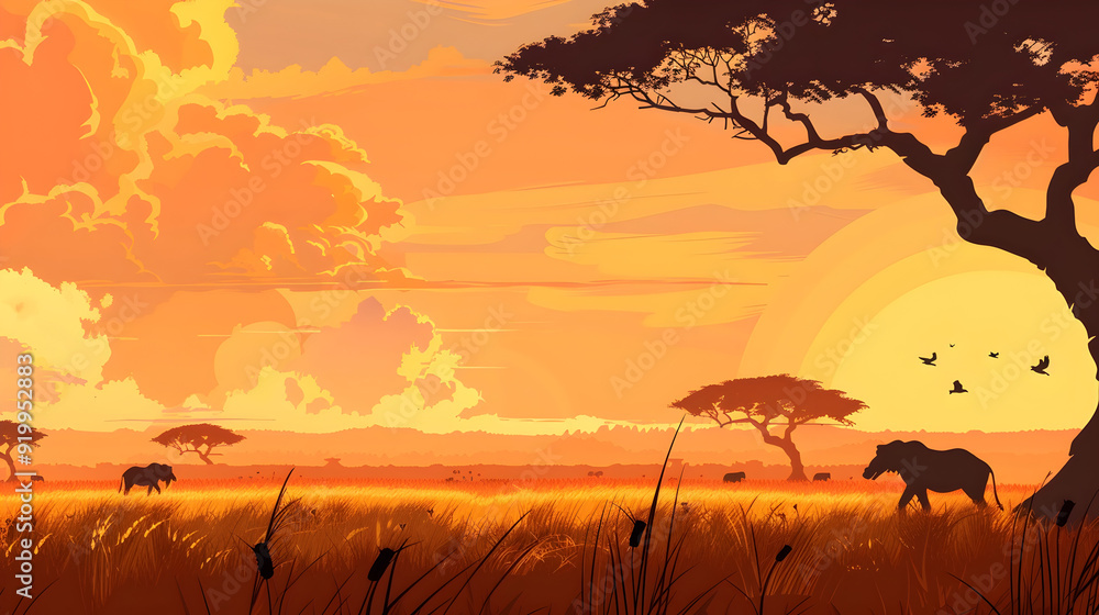 Dramatic silhouette landscape of an African savannah scene with safari ...