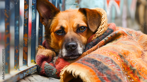 Fototapeta Naklejka Na Ścianę i Meble -  A small furry dog huddled in a colorful blanket seeking warmth and comfort on the streets of the city