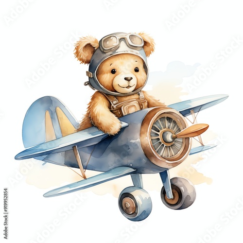 Cute watercolor bear flying on airplane illustration, teddy bears clipart