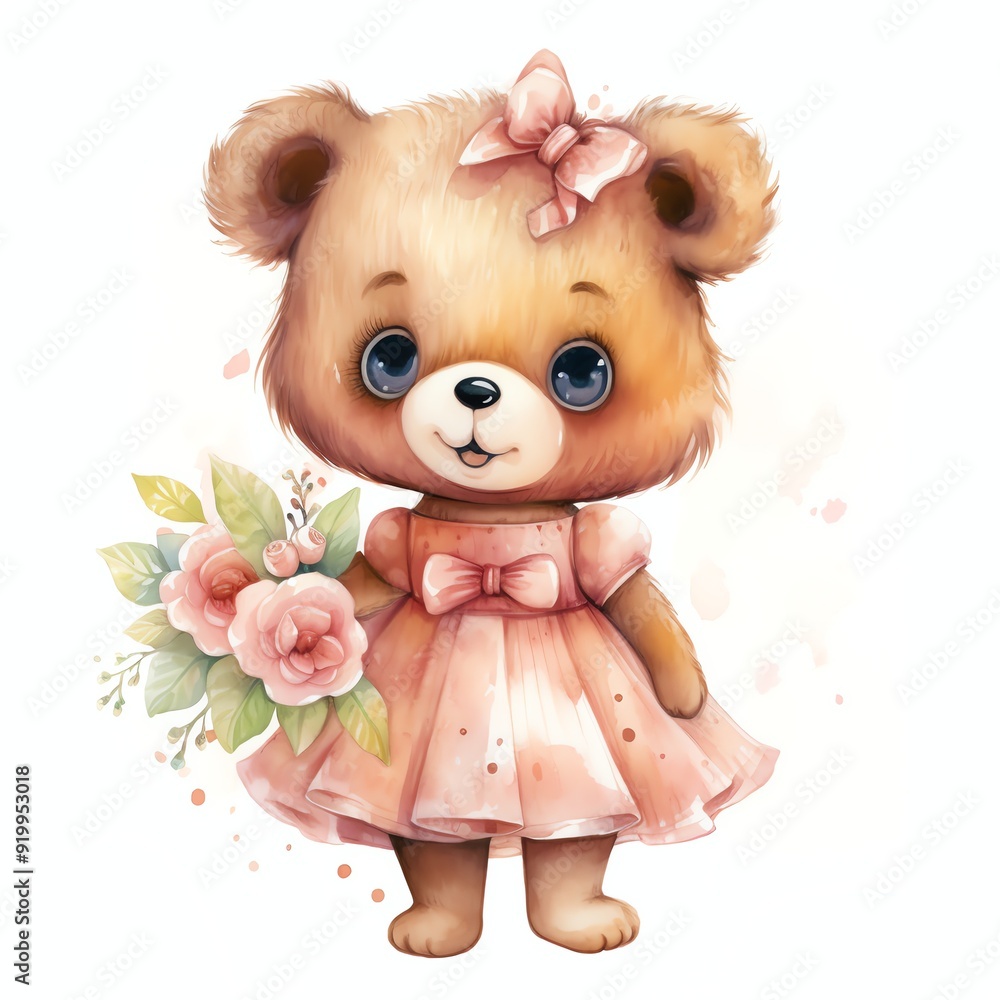 Cute watercolor bear in pink dress illustration, teddy bears clipart Cute watercolor bear in pink dress illustration, teddy bears clipart
