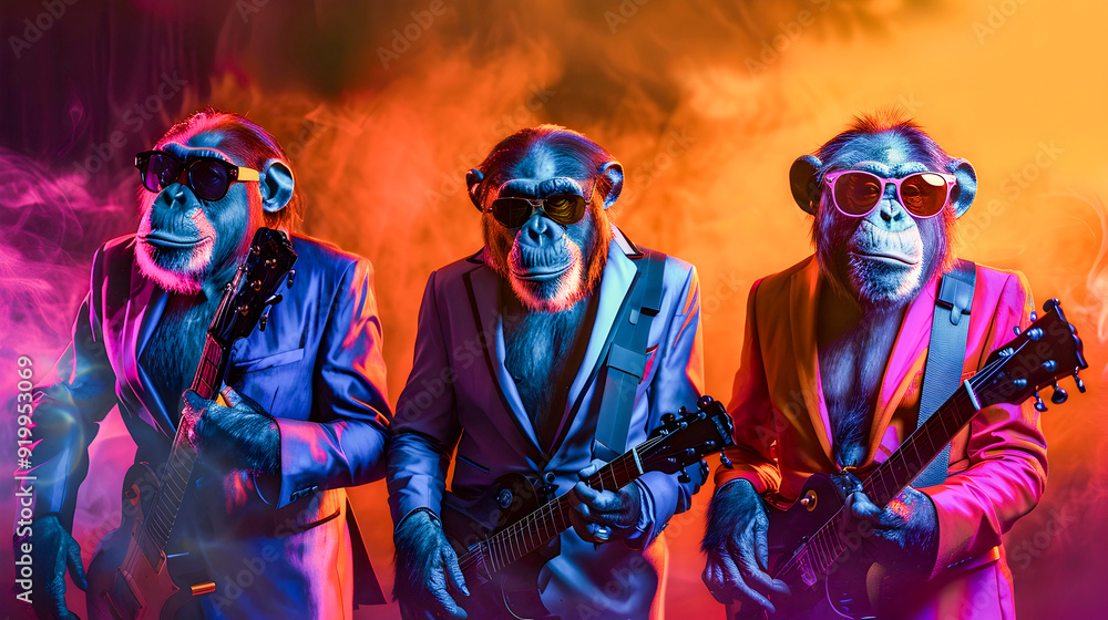 Fototapeta premium Fashionable and Vibrant Portrait of a Stylish Chimpanzee Rock Band Performing on Stage with Dramatic Lighting and Hazy Atmosphere