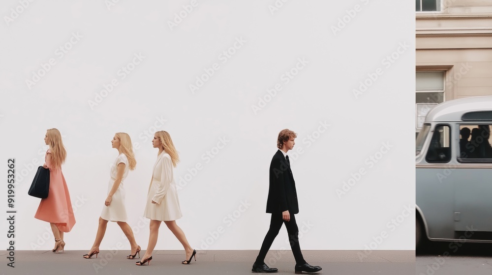 Fototapeta premium 60s Swinging London fashion models against a minimalist background