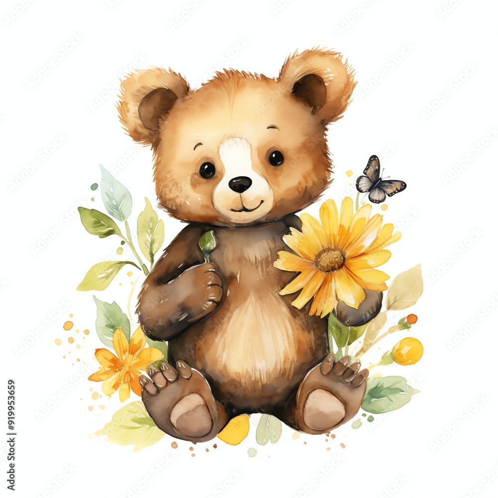 Cute watercolor bear with sunflower illustration, teddy bears clipart Cute watercolor bear with sunflower illustration, teddy bears clipart