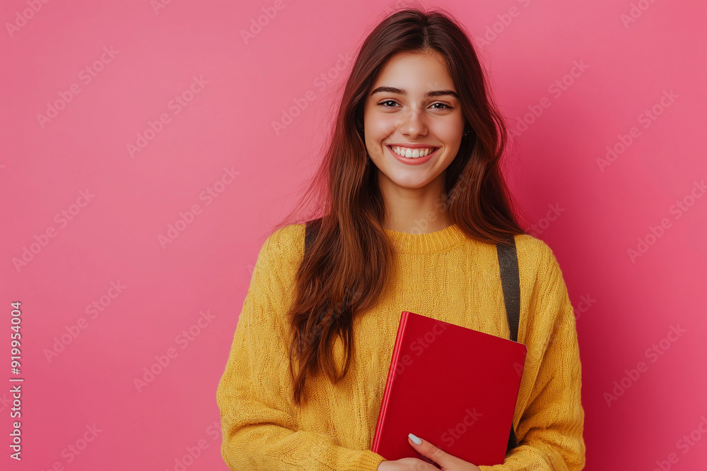 Happy young woman in yellow sweater holding a red book, standing against a bright pink background, showcasing youthful energy, education, and joyful expression Happy young woman in yellow sweater holding a red book, standing against a bright pink background, showcasing youthful energy, education, and joyful expression
