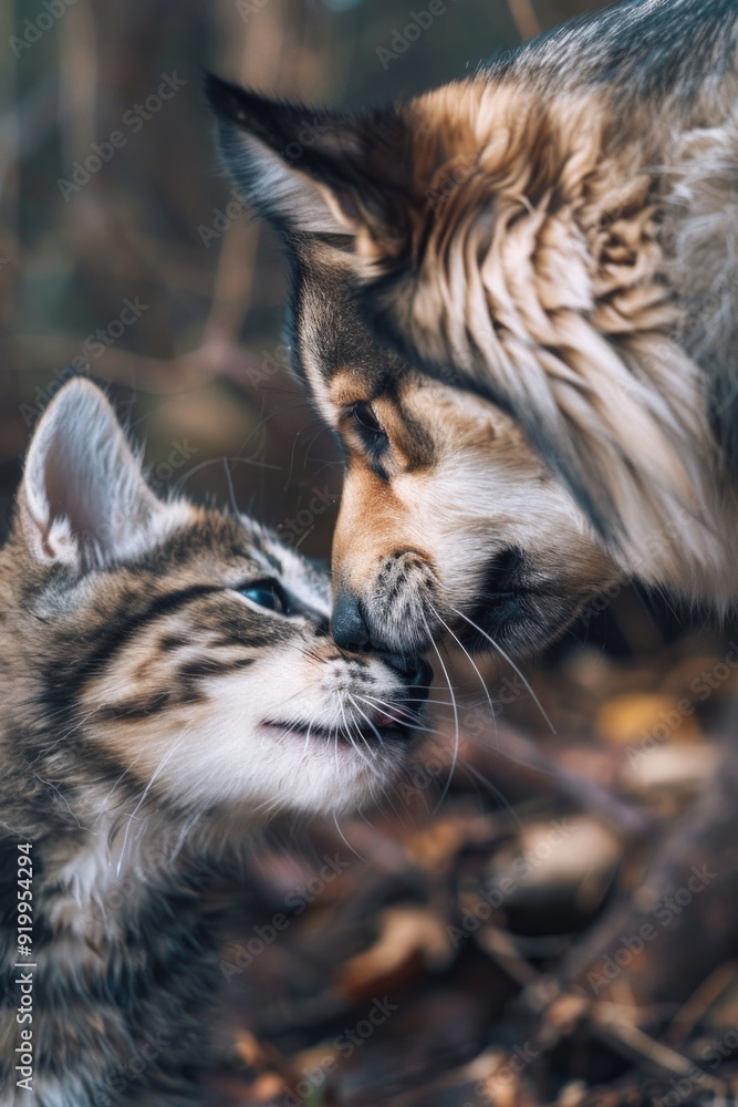 Obraz premium A cat and dog exploring together in a woodland setting