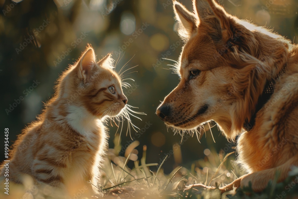 A domestic dog and cat sit together on grass, a peaceful moment A domestic dog and cat sit together on grass, a peaceful moment