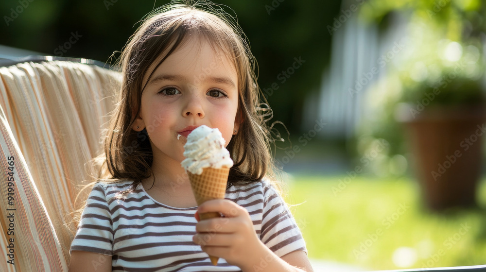 A young Caucasian girl enjoying an ice cream cone while sitting outdoors on a sunny day. A young Caucasian girl enjoying an ice cream cone while sitting outdoors on a sunny day.