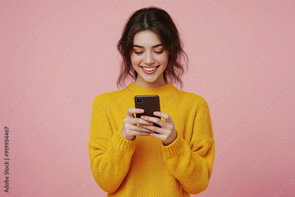 Smiling young woman in yellow sweater using smartphone against pastel pink background, highlighting modern technology, social media, and joyful communication. Smiling young woman in yellow sweater using smartphone against pastel pink background, highlighting modern technology, social media, and joyful communication.