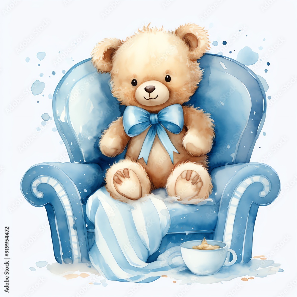 custom made wallpaper toronto digitalCute watercolor teddy bear in blue bed boy illustration, teddy bears clipart