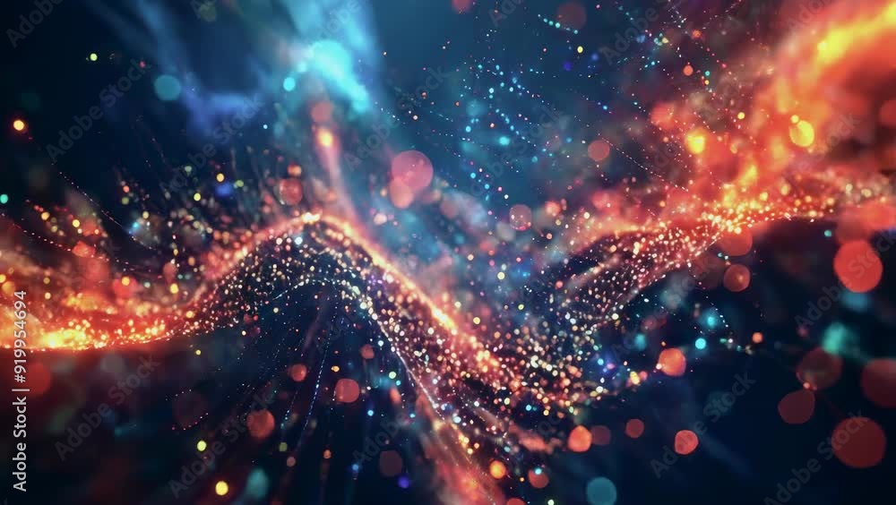 A vibrant display of glowing orange and blue particles forming a wave-like pattern, showcasing dynamic motion against a dark background. The scene portrays a futuristic and technological aesthetic. A vibrant display of glowing orange and blue particles forming a wave-like pattern, showcasing dynamic motion against a dark background. The scene portrays a futuristic and technological aesthetic.