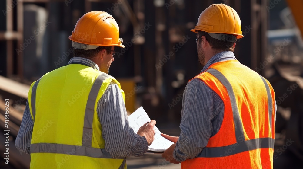 Generate a photo realistic image of inspectors reviewing safety signage Generate a photo realistic image of inspectors reviewing safety signage