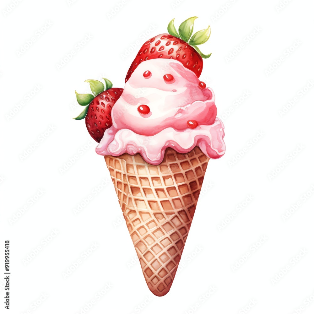 Travel ice cream with strawberries watercolor illustration, travel clipart Travel ice cream with strawberries watercolor illustration, travel clipart