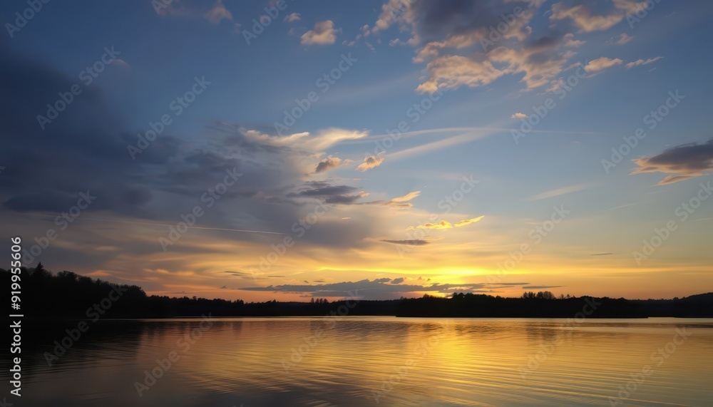 Obraz premium Golden Sunset Over Still Lake.