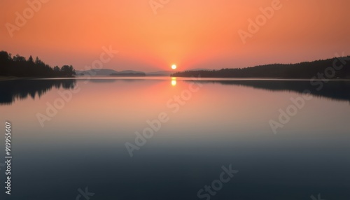 Sunset Reflection on Calm Lake.