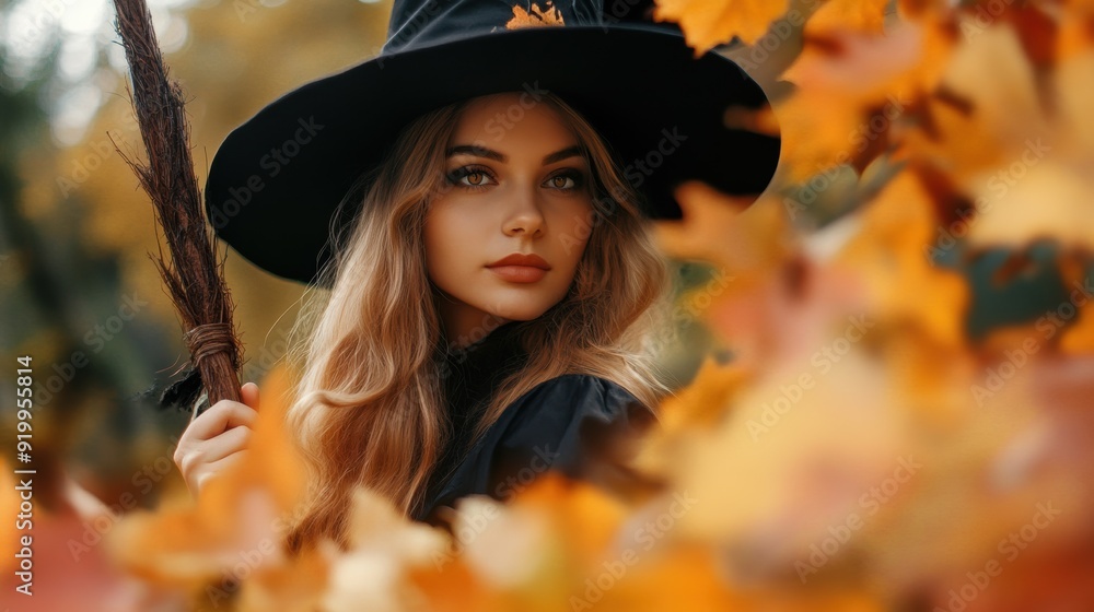 Young witch with broomstick surrounded by autumn leaves
Young witch with broomstick surrounded by autumn leaves