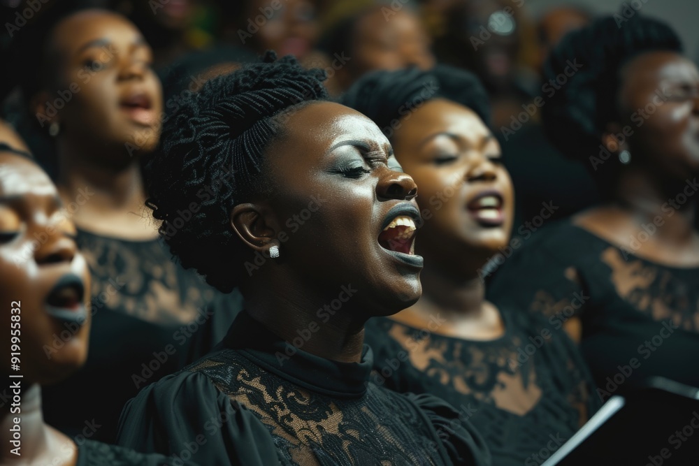 Group of women singing harmoniously in unison, possibly at a church or community event Group of women singing harmoniously in unison, possibly at a church or community event