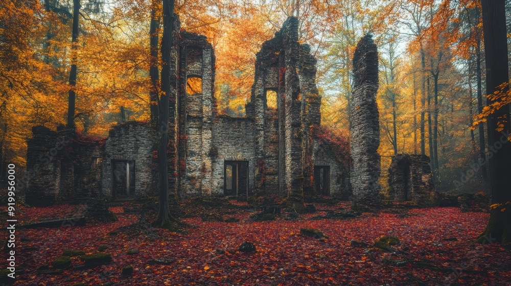Fototapeta premium Ruins of an old building in an autumn forest 