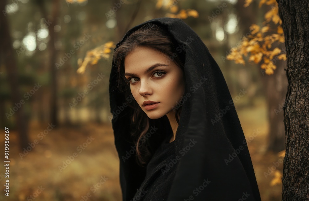 Young woman in hooded cloak in autumn forest
Young woman in hooded cloak in autumn forest