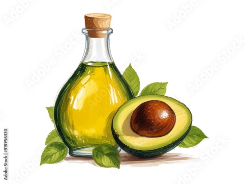 Illustration of avocado oil isolated on white backgound.