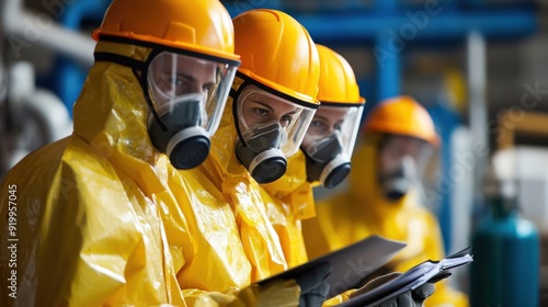 Generate a photo realistic image of workers training on chemical handling procedures, with chemical spill response training, personal protective equipment (PPE), and chemical safety signage visible