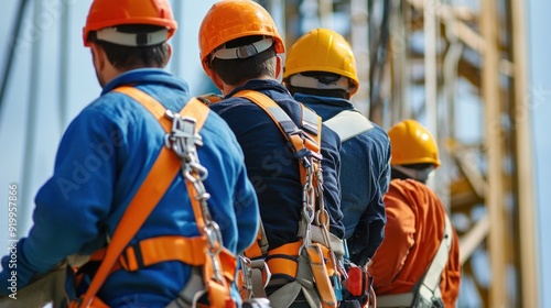Fototapeta Naklejka Na Ścianę i Meble -  Generate a photo realistic image of workers receiving training on fall protection, with fall arrest systems, safety harnesses, and fall protection procedures visible