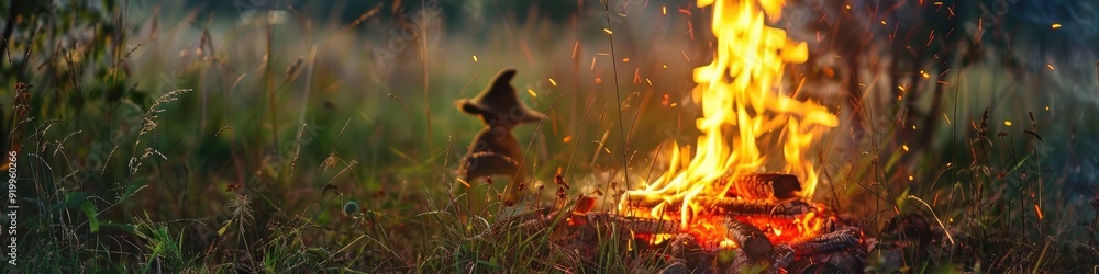 Midsummer celebration featuring a bonfire ritual with a burning witch effigy and flames near a doll. Midsummer celebration featuring a bonfire ritual with a burning witch effigy and flames near a doll.