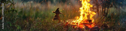 Midsummer celebration featuring a bonfire ritual with a burning witch effigy and flames near a doll.