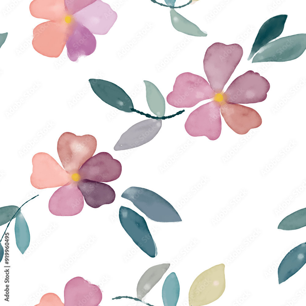 Digital seamless pattern simulating watercolor, with a motif of flowers and leaves in soft tones, with a white background Digital seamless pattern simulating watercolor, with a motif of flowers and leaves in soft tones, with a white background