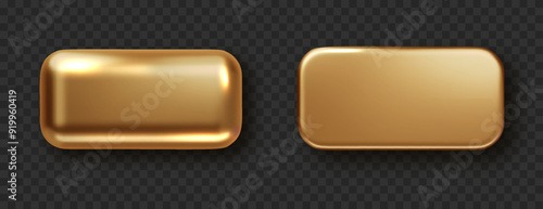 Gold rectangle button isolated. Golden design for empty emblem. Glossy golden metallic shape. 3D realistic vector shiny icon
