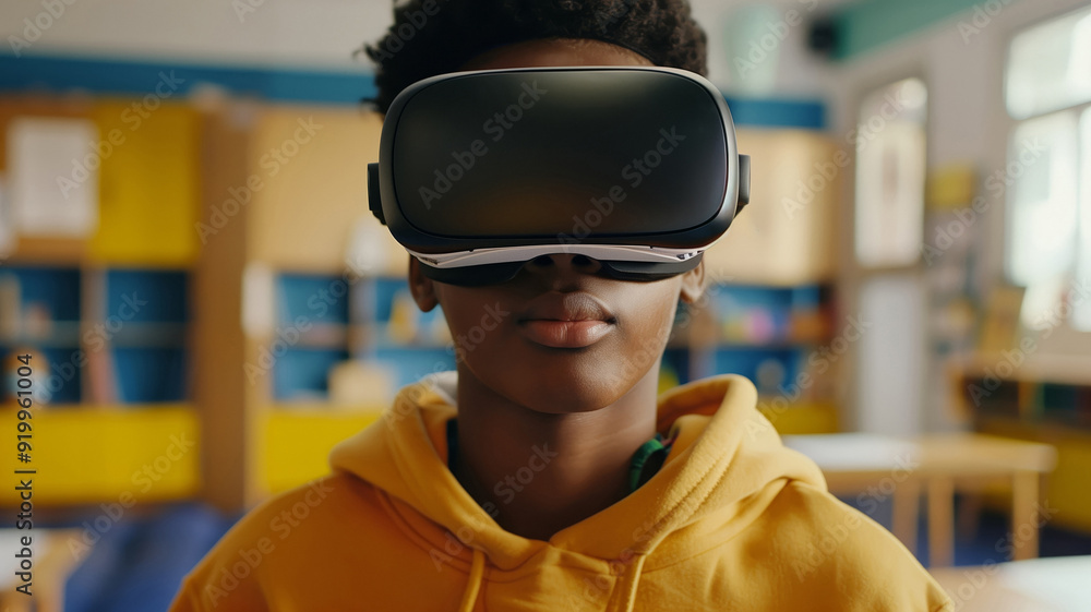 Close-up of a teenager wearing a VR virtual reality headset at school Close-up of a teenager wearing a VR virtual reality headset at school