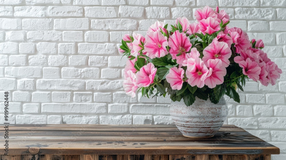 Pink Flowers in a Vase on a Wooden Table Pink Flowers in a Vase on a Wooden Table