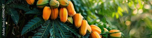 Mature papaya tree bearing vibrant yellow fruits, showcasing a bountiful natural harvest.