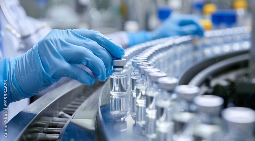 A skilled medical professional, wearing sterile gloves, handles vaccine vials on an assembly line in a busy pharmaceutical factory, showcasing precision and care in medicine production A skilled medical professional, wearing sterile gloves, handles vaccine vials on an assembly line in a busy pharmaceutical factory, showcasing precision and care in medicine production