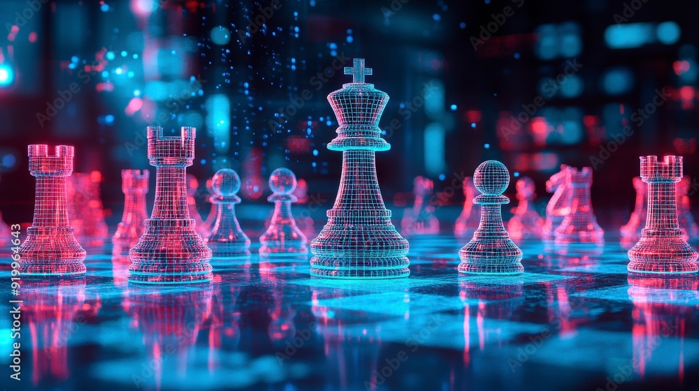 A digital chessboard with holographic pieces symbolizing AI in business strategy. A digital chessboard with holographic pieces symbolizing AI in business strategy.