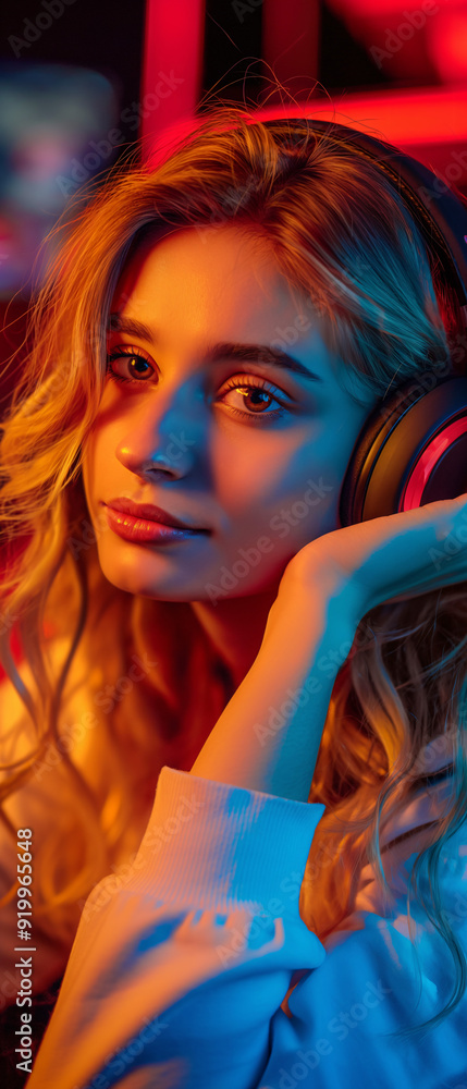 Obraz premium A young woman listens to music with headphones, surrounded by vibrant lights, lost in thought and enjoying the moment