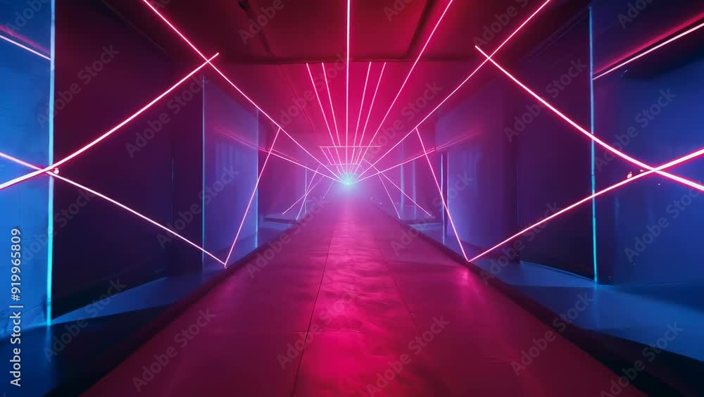 A futuristic corridor illuminated by vibrant pink and blue neon laser ...