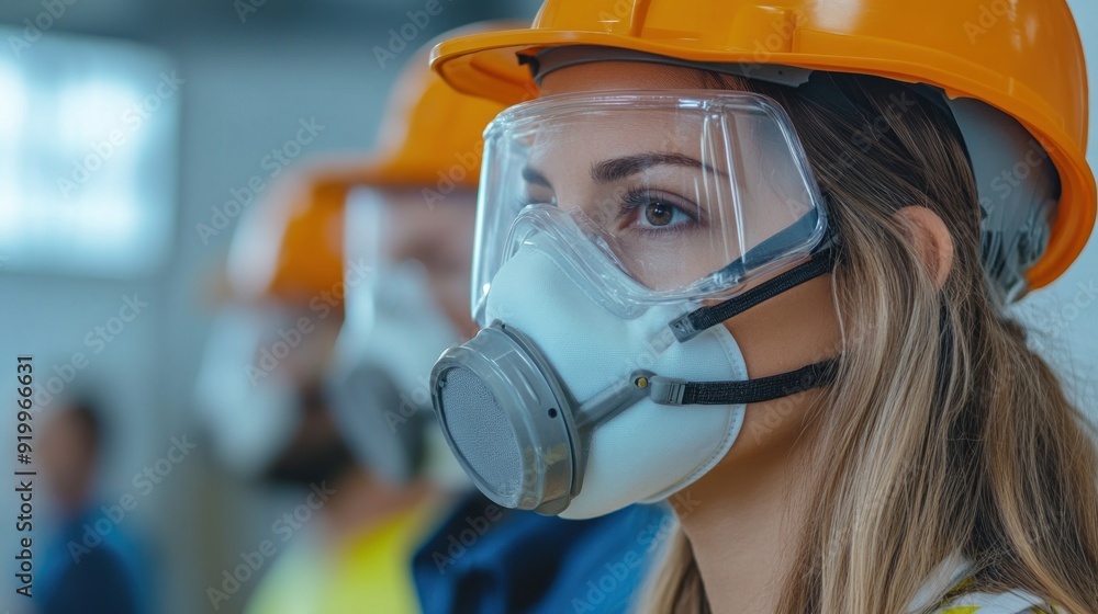 Generate a photo realistic image of workers receiving training on respiratory protection, with respirator fit testing, respirator types, and respiratory safety protocols visible Generate a photo realistic image of workers receiving training on respiratory protection, with respirator fit testing, respirator types, and respiratory safety protocols visible