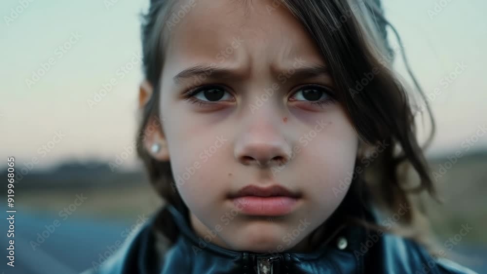 Serious, frowning girl in a black leather jacket looks directly at the camera, conveying sadness, concern, and intensity. This dramatic portrait hints at youth problems like bullying or abuse Serious, frowning girl in a black leather jacket looks directly at the camera, conveying sadness, concern, and intensity. This dramatic portrait hints at youth problems like bullying or abuse
