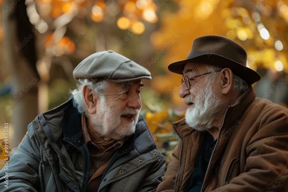 Two elderly men talking and smiling in autumn park. Friendship and senior lifestyle concept. Two elderly men talking and smiling in autumn park. Friendship and senior lifestyle concept.