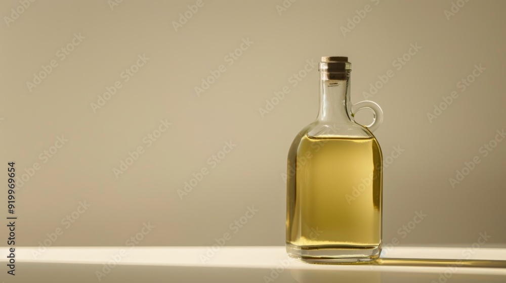 A side profile image of a clear glass bottle filled with delicate and light olive oil. The bottle is adorned with a simple white label giving off a minimalist and elegant look.