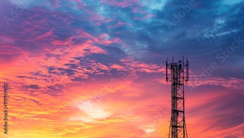 Silhouetted Cell Tower Against a Vibrant Sunset Sky