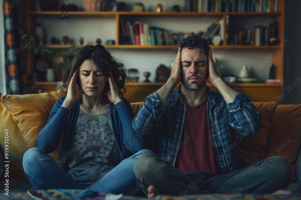 Obraz premium A couple sitting on a couch, both covering their ears with their hands