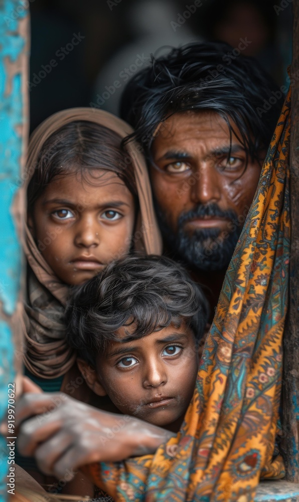 Two children and a man look out from behind a colorful cloth. AI. Two children and a man look out from behind a colorful cloth. AI.