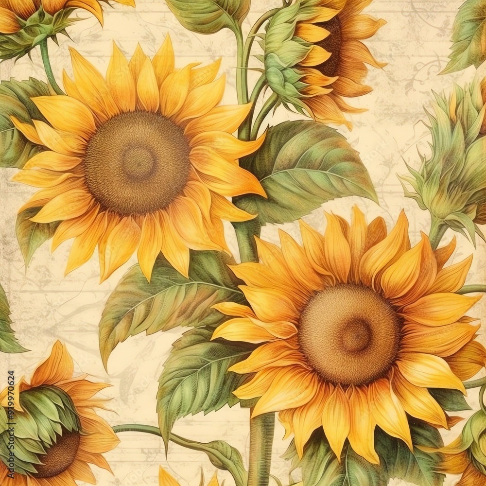 Obraz premium Sunflower old paper, vintage digital paper