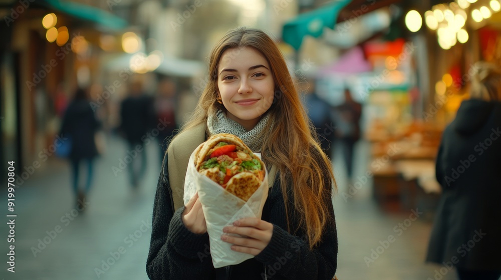 food on the streets A girl is carrying shawarma as she strolls down the street. food on the streets A girl is carrying shawarma as she strolls down the street.