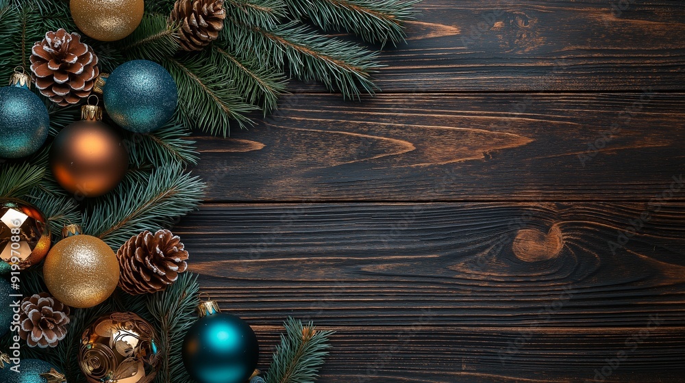 Christmas decorations such as blue and gold balls and pine cones are lying on a dark wooden table with fir branches for a holiday concept Christmas decorations such as blue and gold balls and pine cones are lying on a dark wooden table with fir branches for a holiday concept