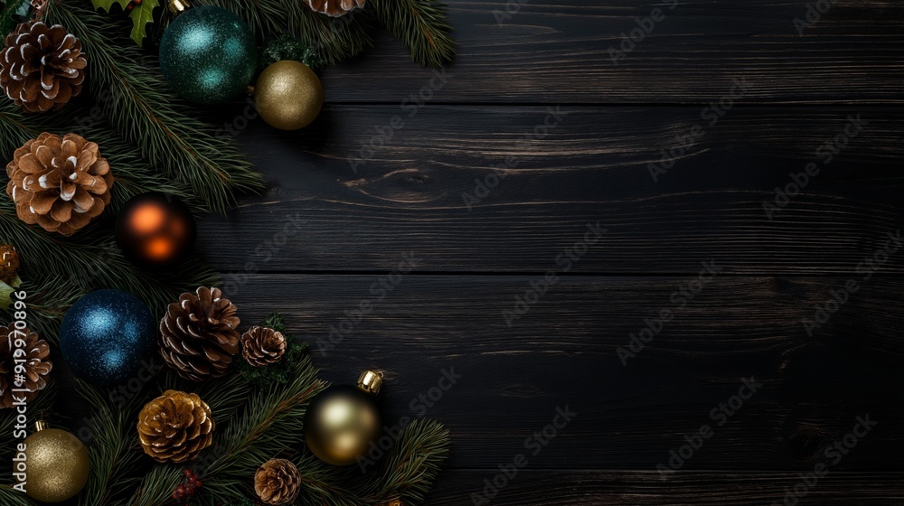 Festive christmas ornaments and pine branches on a dark wooden background create a warm holiday atmosphere, ideal for greeting cards or displays Festive christmas ornaments and pine branches on a dark wooden background create a warm holiday atmosphere, ideal for greeting cards or displays