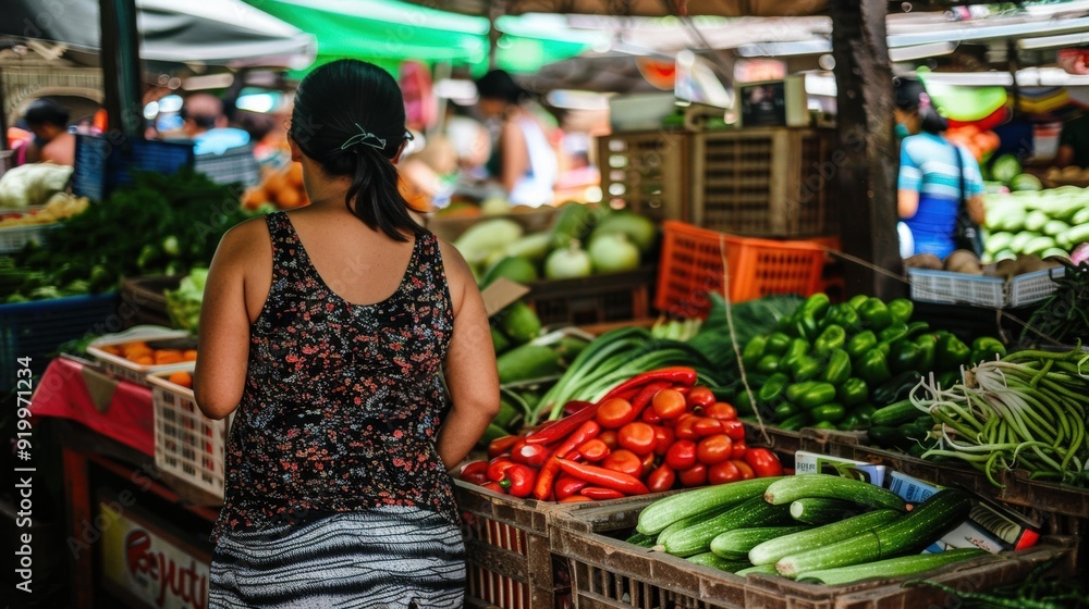 A woman shops for fresh produce at a market. AI. A woman shops for fresh produce at a market. AI.