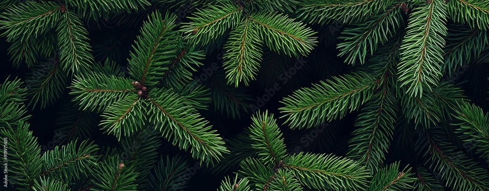 Natural pine tree branches form a festive pattern for a cozy christmas background, with lush green needles adding a touch of nature
